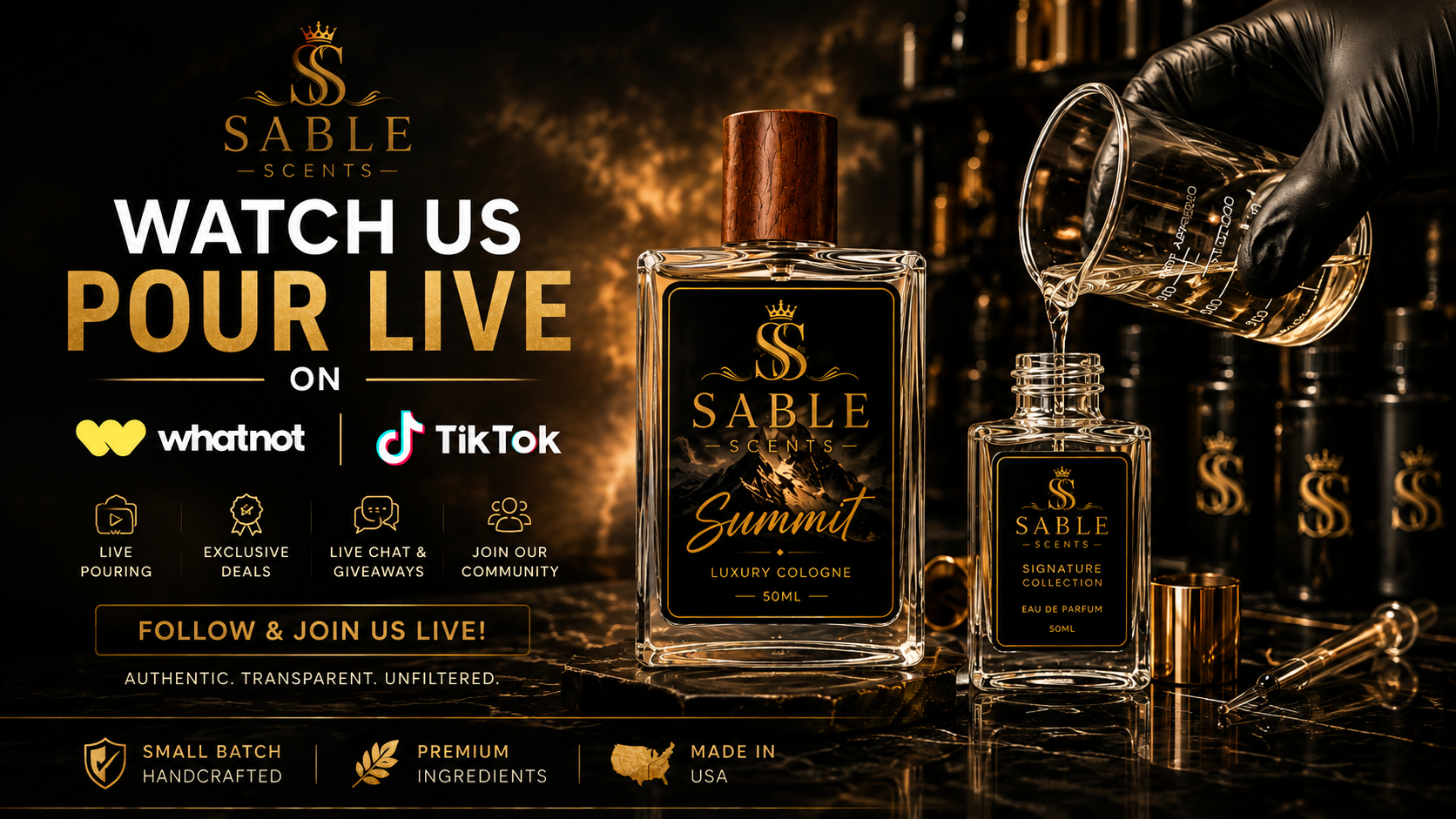 Sable Scents live pour — Summit cologne being poured from a beaker into a bottle