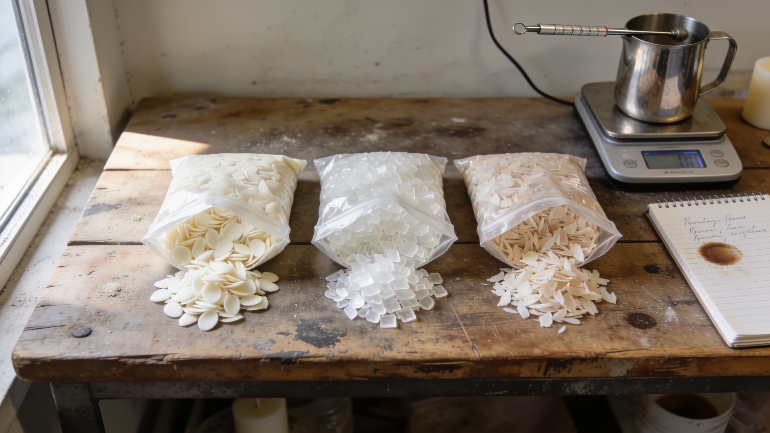 Soy flake, paraffin pastille and a blend. Same bench, same scale, same jug.